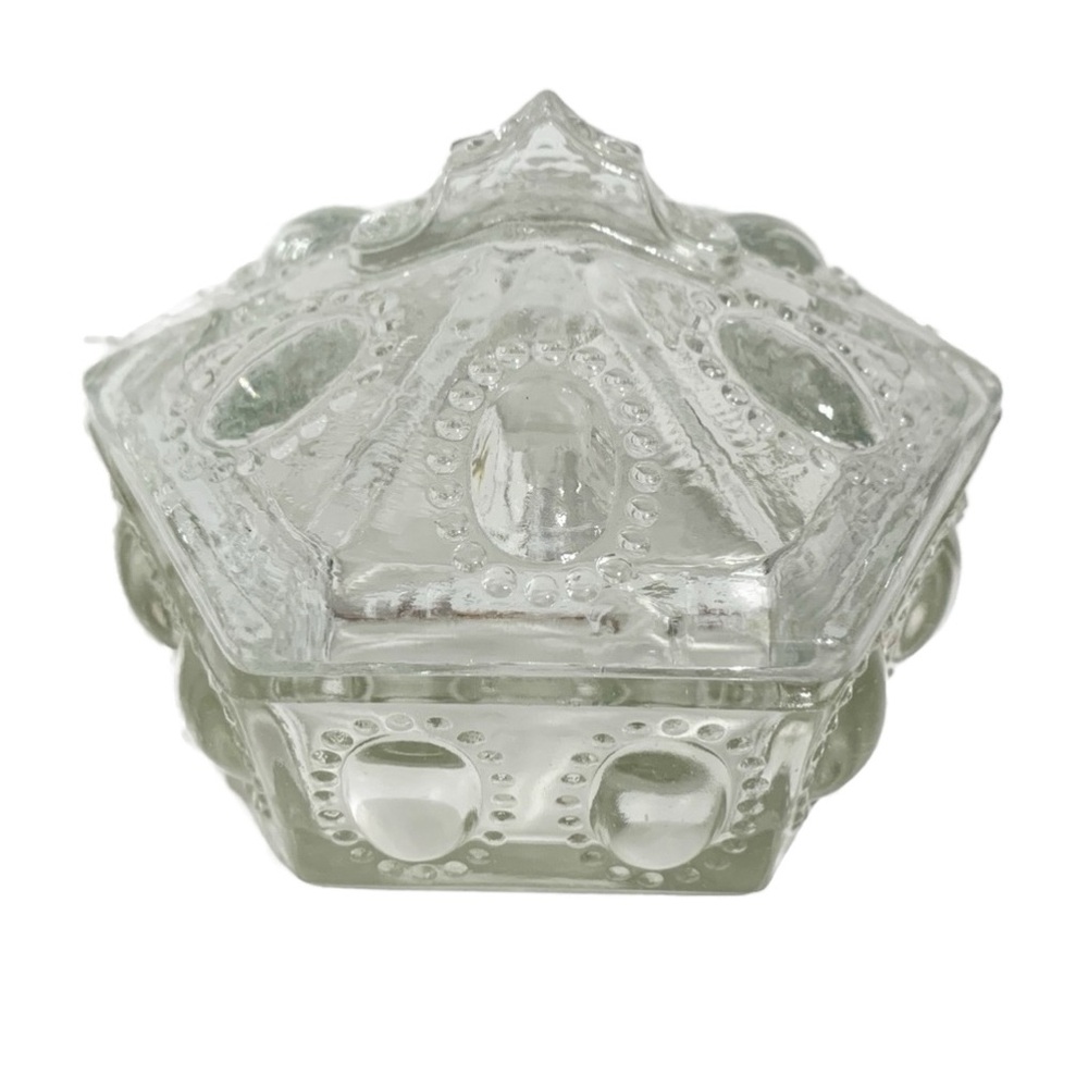 Vintage Unbranded Hexagon Shaped Clear Glass Covered Trinket Dish Circles Dots